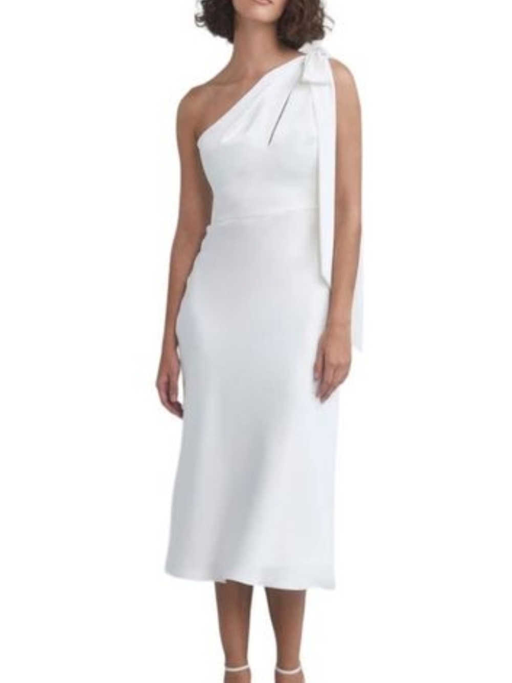 Amsale Ivory One-Shoulder Midi Dress with Shoulder Bow